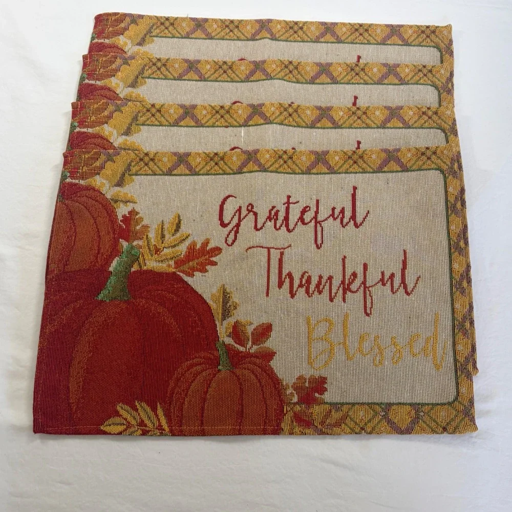 Grateful Thankful Blessed Pumpkin Tapestry Placemats Set of 4 Fall Harvest Decor